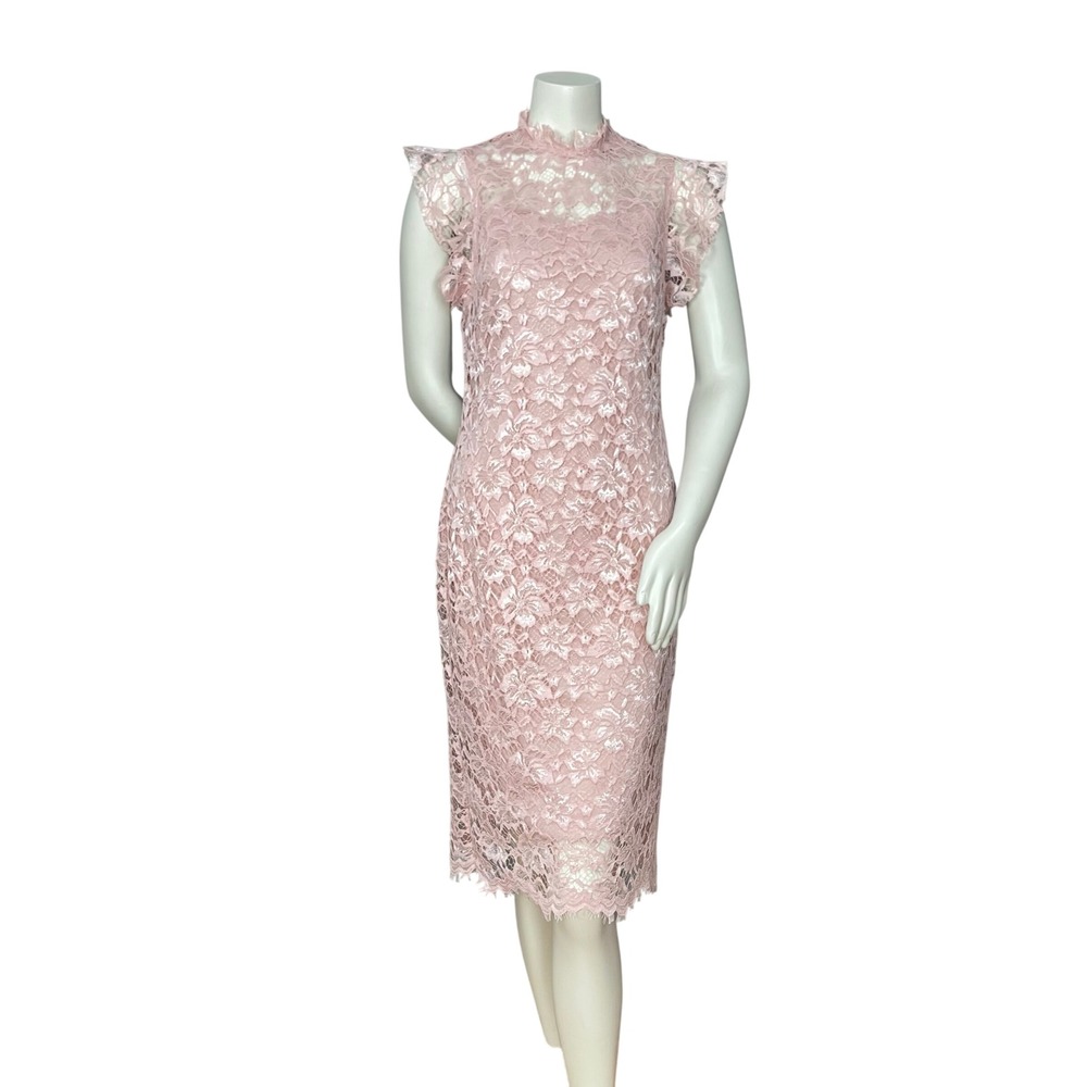 Enfocus Studio Lace Sheath Dress Women 8 Blush Pink Mock Neck Flutter Sleeve